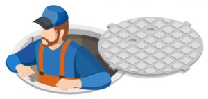 Illustration of a colorful plumber emerging from manhole